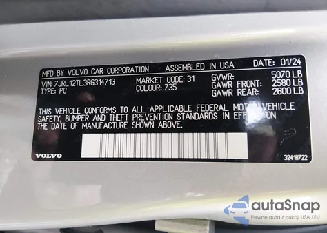 2024 Volvo S60 B5 Plus Dark Theme z USA, uszkodzony, nr VIN 7JRL12TL3RG314713